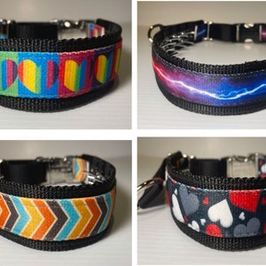 May include: Four different dog collars with various colourful patterns. The collars are black with a silver buckle and a silver chain. The patterns include hearts, lightning bolts, and chevron stripes.