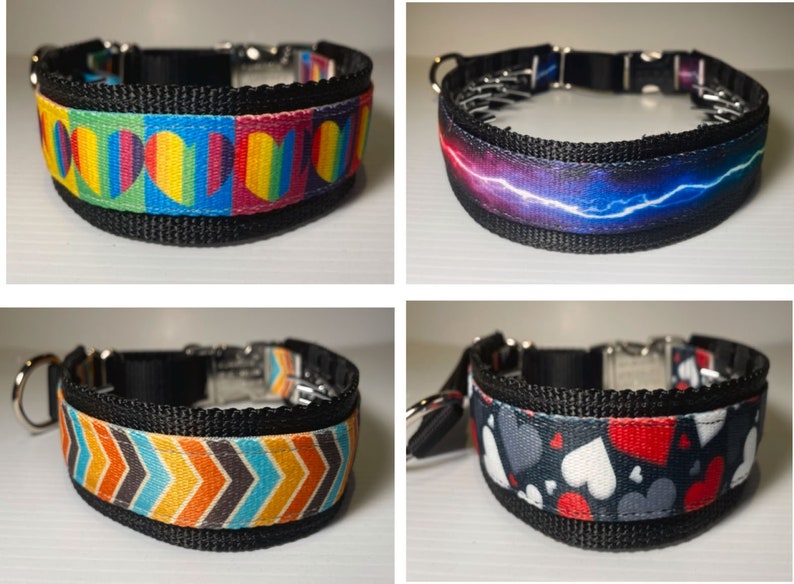 May include: Four different dog collars with various colourful patterns. The collars are black with a silver buckle and a silver chain. The patterns include hearts, lightning bolts, and chevron stripes.