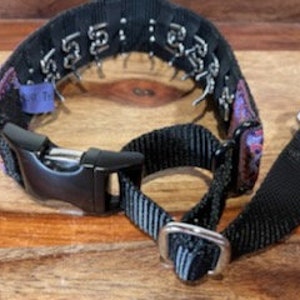 May include: Black and purple dog collar with a metal buckle and a chain link design. The collar has a silver D-ring on the end.