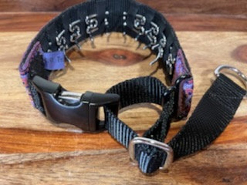May include: Black and purple dog collar with a metal buckle and a chain link design. The collar has a silver D-ring on the end.