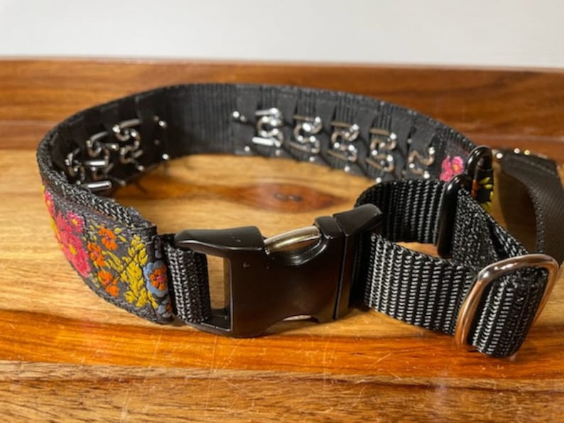 May include: A black nylon pet collar featuring a floral pattern with red, orange, and blue flowers on one side. The collar includes a black plastic side-release buckle, a metal adjustment slider, and a series of silver-toned metal prongs along the inner band.