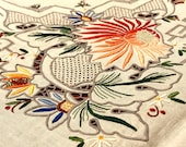 Madeira Bridge Tablecloth Napkins, Colorful Raised Floral Embroidery, Blue Orange Reds Green, Spring Flowers, 1950 39 s Vintage Table Linens