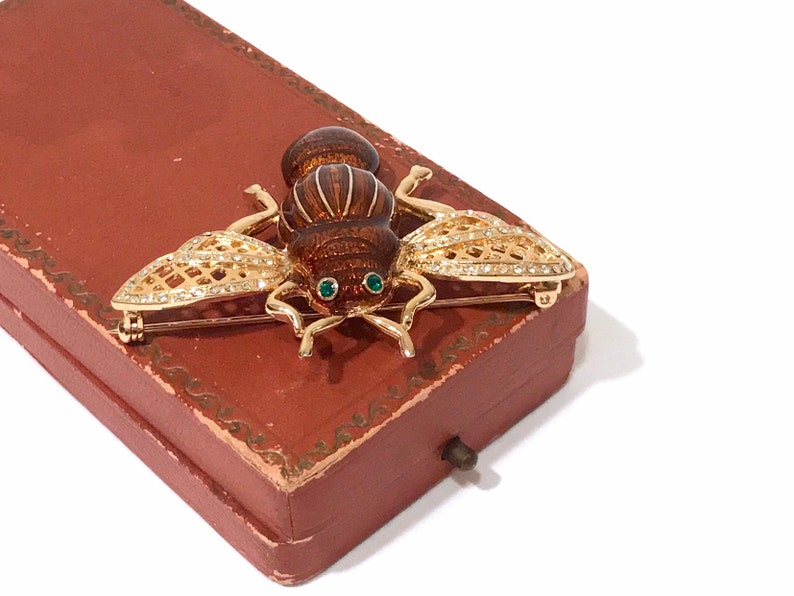 Polished Gold Tone Metal Gift For Her Vintage Cicada Brooch Unique Bug Jewelry Copper Enamel And Clear Rhinestone Flying Insect Pin