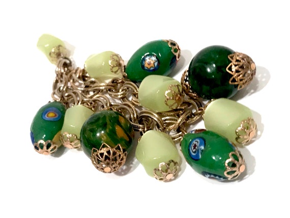 Bakelite Charm Bracelet Marbled Green & Yellow Mu… - image 4