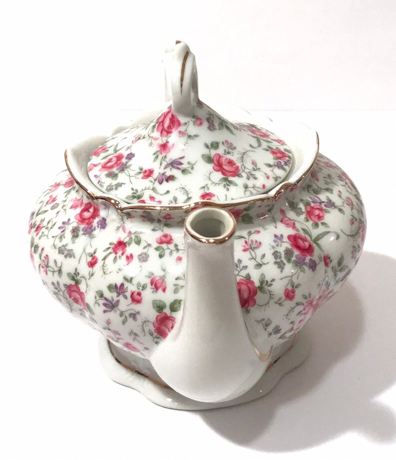 Lefton China Musical Tea Pot Rose Chintz Pink And Purple Etsy