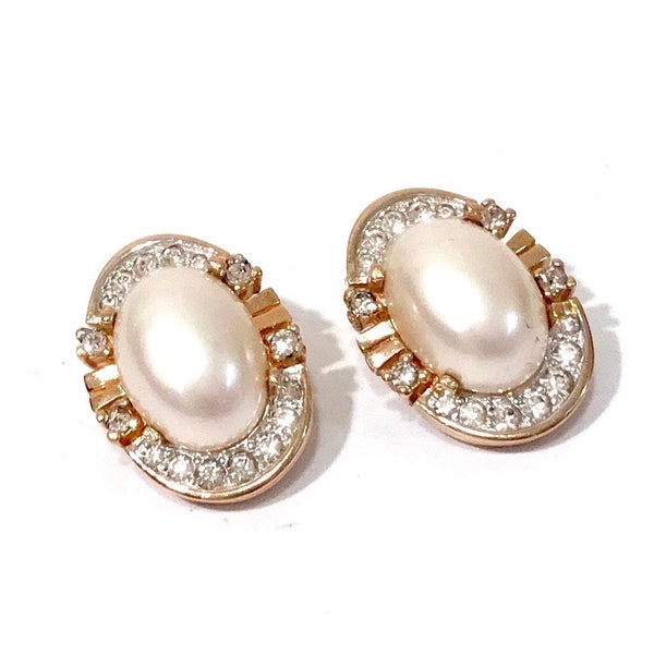 Panetta Clip On Earrings, Clear Crystals And Large Domed Faux Pearl Cabochons Polished Gold Plated Metal Signed Designer Earrings