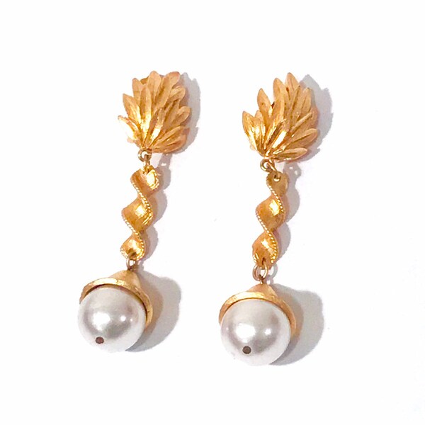 Dangle Pearl Earrings, Gold Tone Brushed Metal Spiral Drops, Faux Baroque Pearl Clip Ons, Vintage 1980s Statement Earrings, Gift For Her