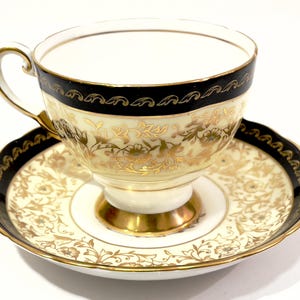Vintage Tuscan Bone China Teacup & Saucer: Gold Floral, Turquoise Enamel, English Tea Set