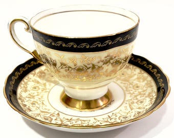 Vintage Tuscan Bone China Teacup & Saucer: Gold Floral, Turquoise Enamel, English Tea Set