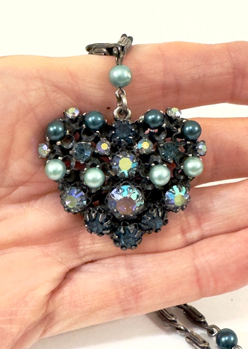 Vintage Necklace Signed Elsa Schiaparelli Heart Pendant AB Blue