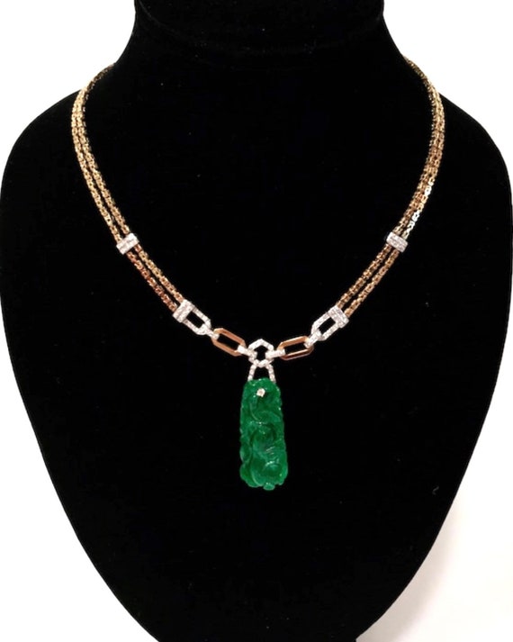 Carved Jade Diamond Necklace 18k Yellow Gold Doubl