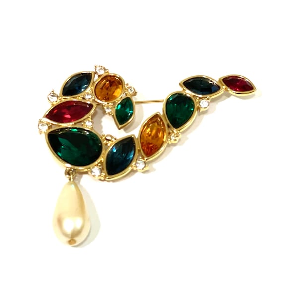 Monet Pearl Dangle Brooch Multi Color Rhinestone … - image 1