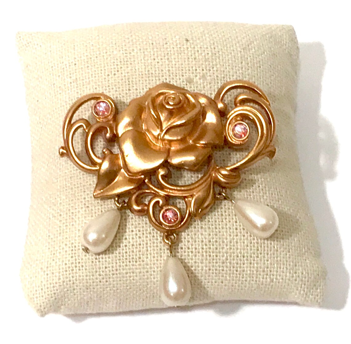 Avon Rose Flower Brooch Faux Pearl Dangle Drops And Pink Etsy