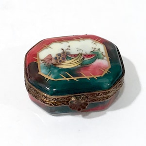 Limoges France Porcelain Box Trinket Pill Box Hand Painted Fruits, Banana Watermelon & Grapes, Rochard France Artist Signed Peint Main A.C.