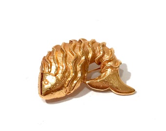 Celine Paris Gold Plated Fish Brooch, Curled Brushed Raised Texture Polished Accents, Vintage 1990's Celine French Designer Jewelry Signed