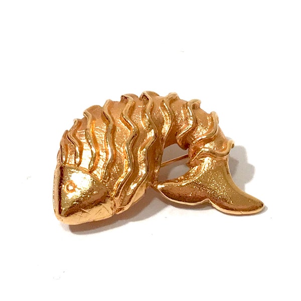 Celine Paris Fish Brooch, Gold Plated Brushed And Polished Textured Metal French Designer Jewelry Made In Italy 1990's