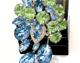 Eisenberg Brooch Peridot Blue And Topaz Rhinestone Chatons & Pear Shapes, Clear Pave Ribbons Silver Plated Metal Signed Eisenberg Jewelry