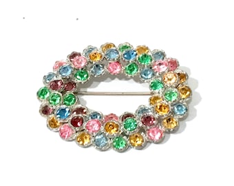 Czech Glass Brooch Soft Pastel Colors Paste Stones Silver Pot Metal Circle Pin, Vintage 1930's Czech Jewelry Gift For Her