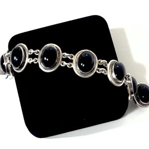 Silver Onyx Link Bracelet, Bezel Set Oval Domed Cabochons Modern Vintage Bracelet European 800 Silver  Vintage Jewelry Gift For Her