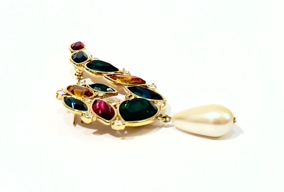 Monet Pearl Dangle Brooch Multi Color Rhinestone … - image 7