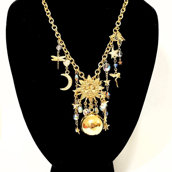 Kirks Folly Necklace Harmony Ball Detachable Dangle Pendant, Aurora Borealis Crystal Beads Sunflower  Celestial Gold Tone Charms Vintage