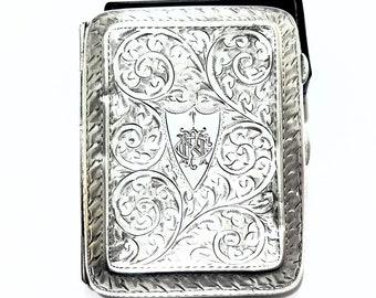 English Sterling Silver Cigarette Case, Chased Leafy Scrolls & Shield Antique Cigarette Holder Pocket Size Initials "CN" Made By John Rose