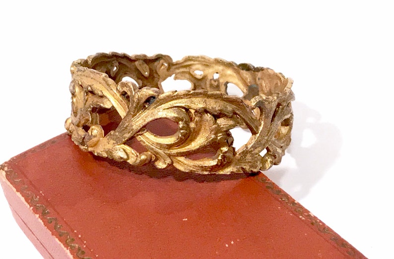 Art Nouveau Floral Bracelet Gold Gilded Brass Wide Bangle Trumpet Flowers Ornate Leafy Design Hand Made 1900/'s Antique Jewelry