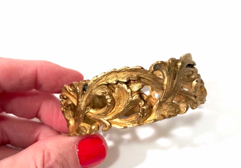 Art Nouveau Floral Bracelet Gold Gilded Brass Wide Bangle Trumpet Flowers Ornate Leafy Design Hand Made 1900/'s Antique Jewelry
