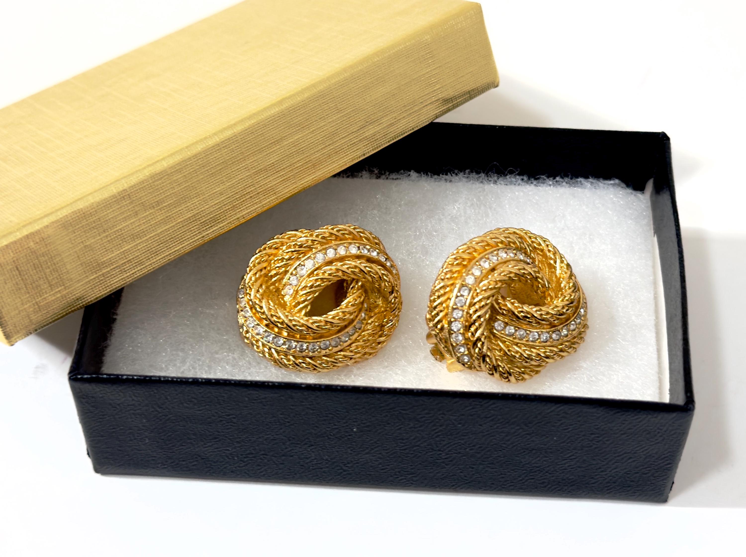Christian Dior Earrings, Twisted Love Knot Textured Gold Plated Metal,  Clear Crystal Rhinestones Clip On Earrings Vintage 1970s Dior Jewelry