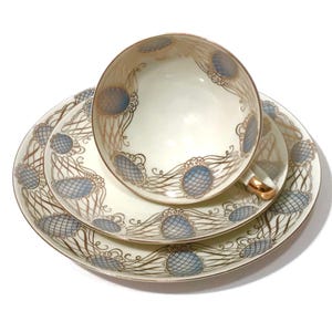 Vintage Art Deco Tea Cup Trio: Alka Bavarian China, Blue Dots & Gold, W. Germany