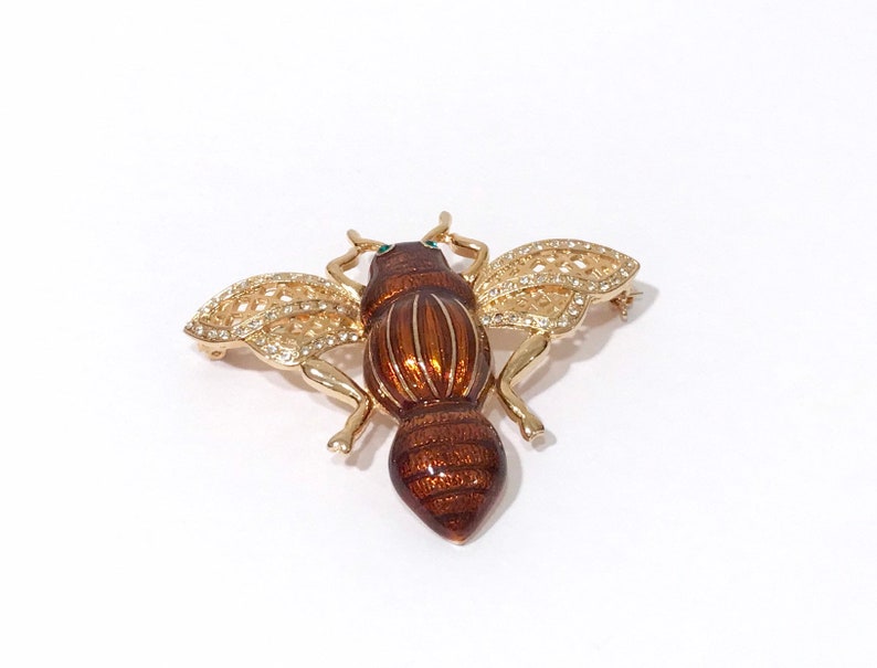 Polished Gold Tone Metal Gift For Her Vintage Cicada Brooch Unique Bug Jewelry Copper Enamel And Clear Rhinestone Flying Insect Pin