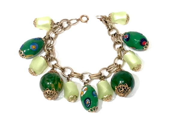 Bakelite Charm Bracelet Marbled Green & Yellow Mu… - image 5