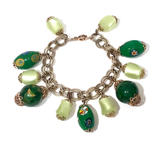 Bakelite Charm Bracelet Marbled Green & Yellow Mu… - image 1