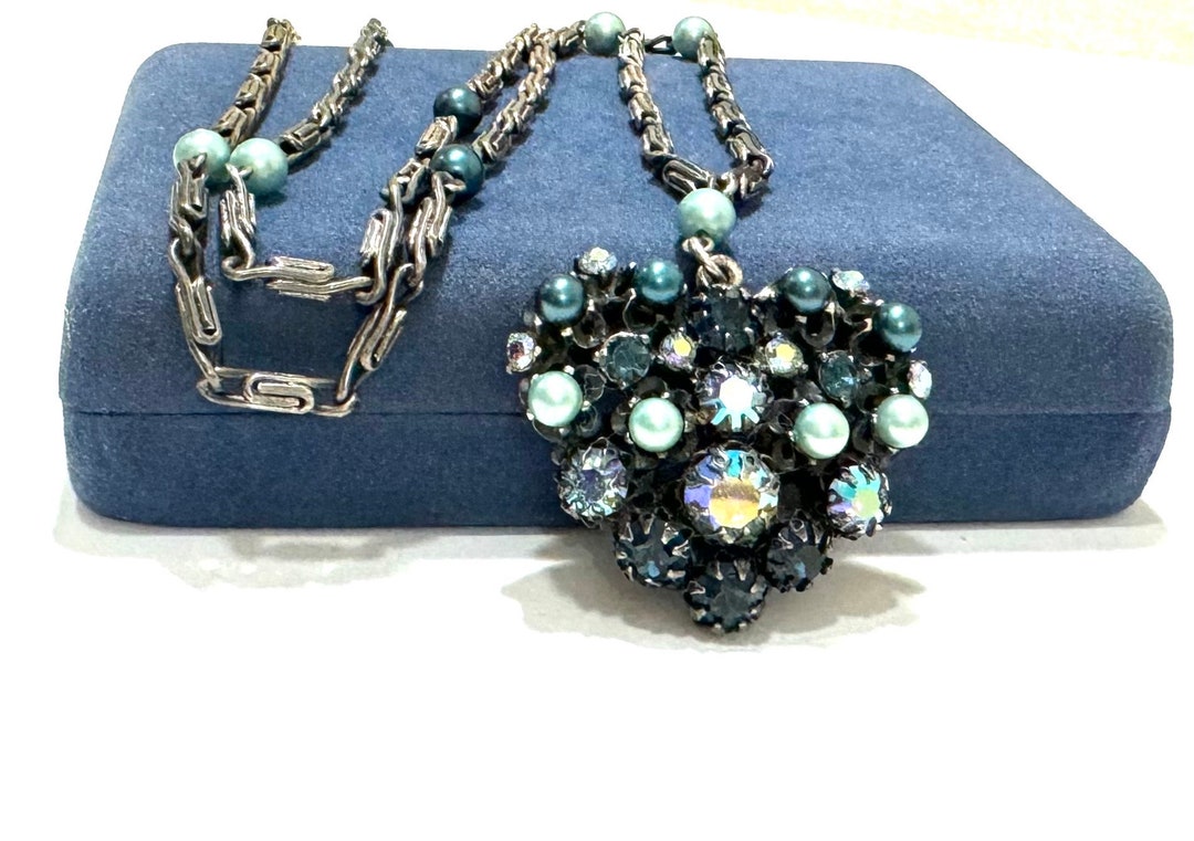 Vintage Necklace Signed Elsa Schiaparelli Heart Pendant AB Blue