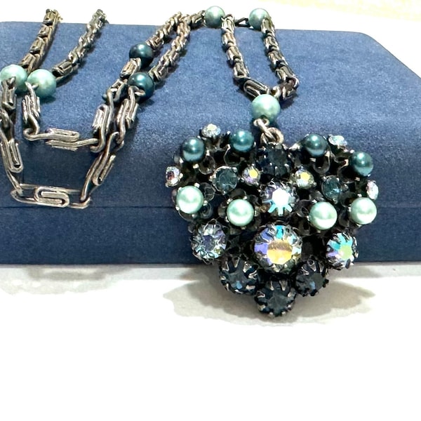 Elsa Schiaparelli Necklace Heart Pendant AB Sapphire Blue Rhinestones Teal & Seafoam Glass Pearls Fancy  Link Chain Silver Tone Metal Signed