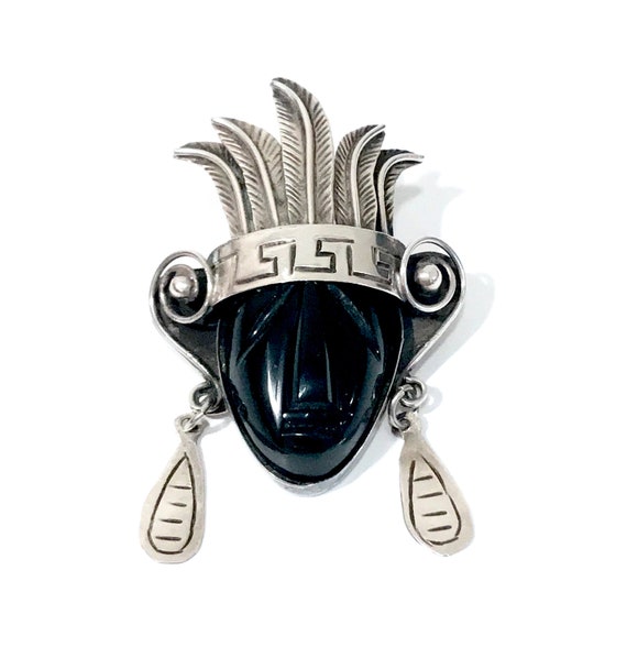 Sterling Onyx Aztec Warrior Brooch Pendant Pin, M… - image 1
