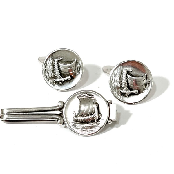 Georg Jensen Sterling Silver Cufflinks Set, Viking Ships Tie Bar And Cuff Links Design #50 Harald Nielsen, Vintage Mens Jewelry Gift