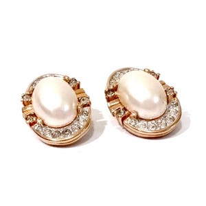 Signed Panetta Faux Pearl Crystal Earrings, Polished Gold Plated Metal Lg. Domed Pearl Cabochon, Vintage Jewelry Designer Earrings Clip On