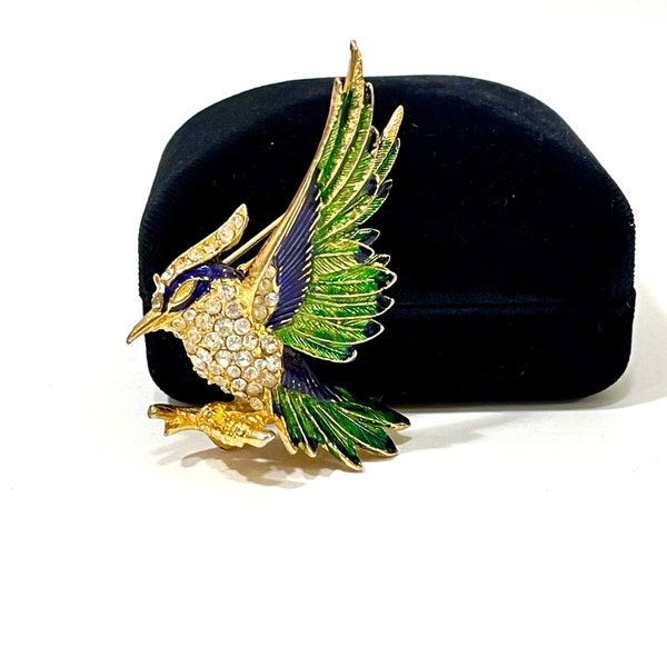 Bijoux Cascio Enamel Bird Brooch, Clear Crystals Green & Blue Feathered Wings Bird Of Paradise Pin, Gold Tone Metal Italian Designer Brooch