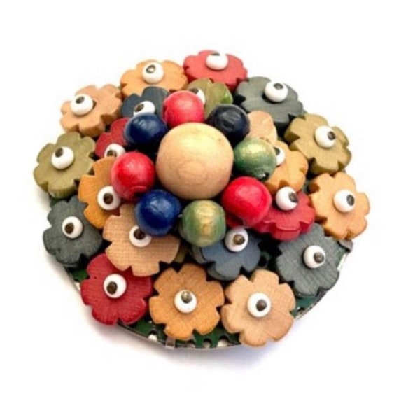 Czech Wood Bead Brooch Multi Colors Carved Wooden Flowers White Glass Beads, Hand Wired Silver Tone Metal, Vintage Czech Jewelry