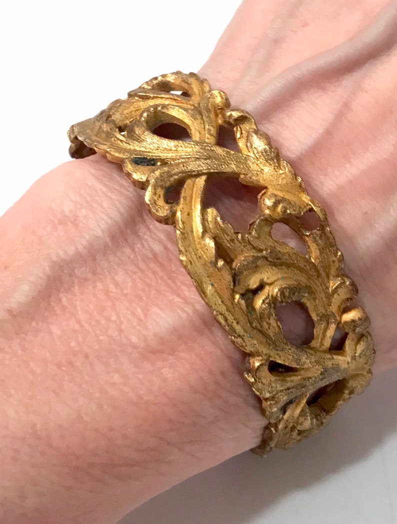 Art Nouveau Floral Bracelet Gold Gilded Brass Wide Bangle Trumpet Flowers Ornate Leafy Design Hand Made 1900/'s Antique Jewelry
