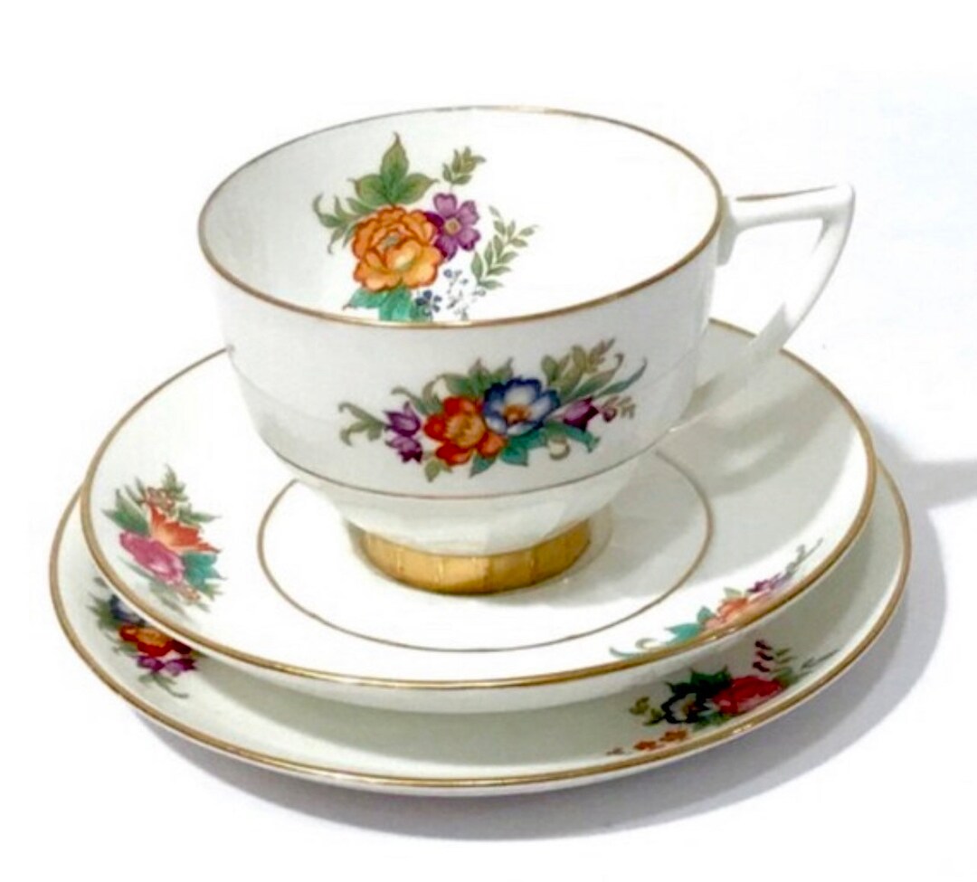 Minton China Tea Cup Trio, Art Deco Floral Gold Gilded Accents Blue