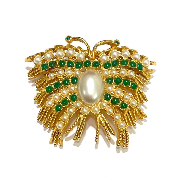 Pauline Rader Butterfly Brooch, Jade Glass And Faux Pearl Pin Textured Gold Tone Metal Designer Signed Vintage Brooch, Pauline Rader Jewelry
