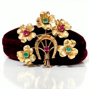 Antique 18K Flower Bouquet Brooch Ruby And Emerald Gemstones Carved Lucky Horseshoe Pin, Hand Made Fine Gold Pre 1920's Vintage Jewelry