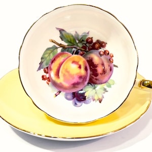 Shelley England Fruit Teacup, Hand Painted Lincoln Shape Yellow Teacup And Saucer, Shiny Gold Rims Vintage Tea Cup Shelley English China