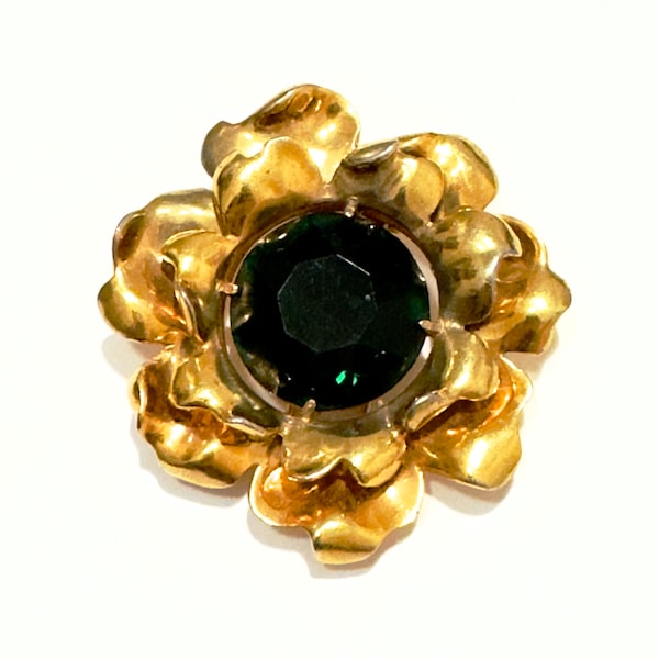 Vintage Eisenberg Original Fur Clip, Large Gold Plated Flower Brooch, Round Green Glass Center Stone, Book Piece Signed Eisenberg Jewelry