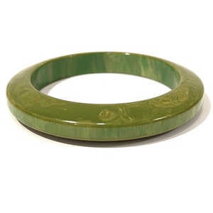 Vintage Bakelite Bangle Bracelet, Spinach Green And Yellow Stacking Bracelet, Art Deco Angled Design, Green Bakelite Jewelry image 1