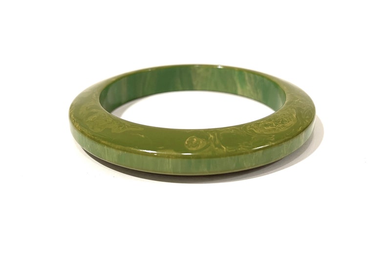 Vintage Bakelite Bangle Bracelet, Spinach Green And Yellow Stacking Bracelet, Art Deco Angled Design, Green Bakelite Jewelry image 1