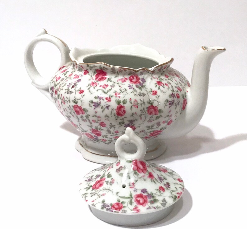 Lefton China Musical Tea Pot Rose Chintz Pink And Purple Etsy
