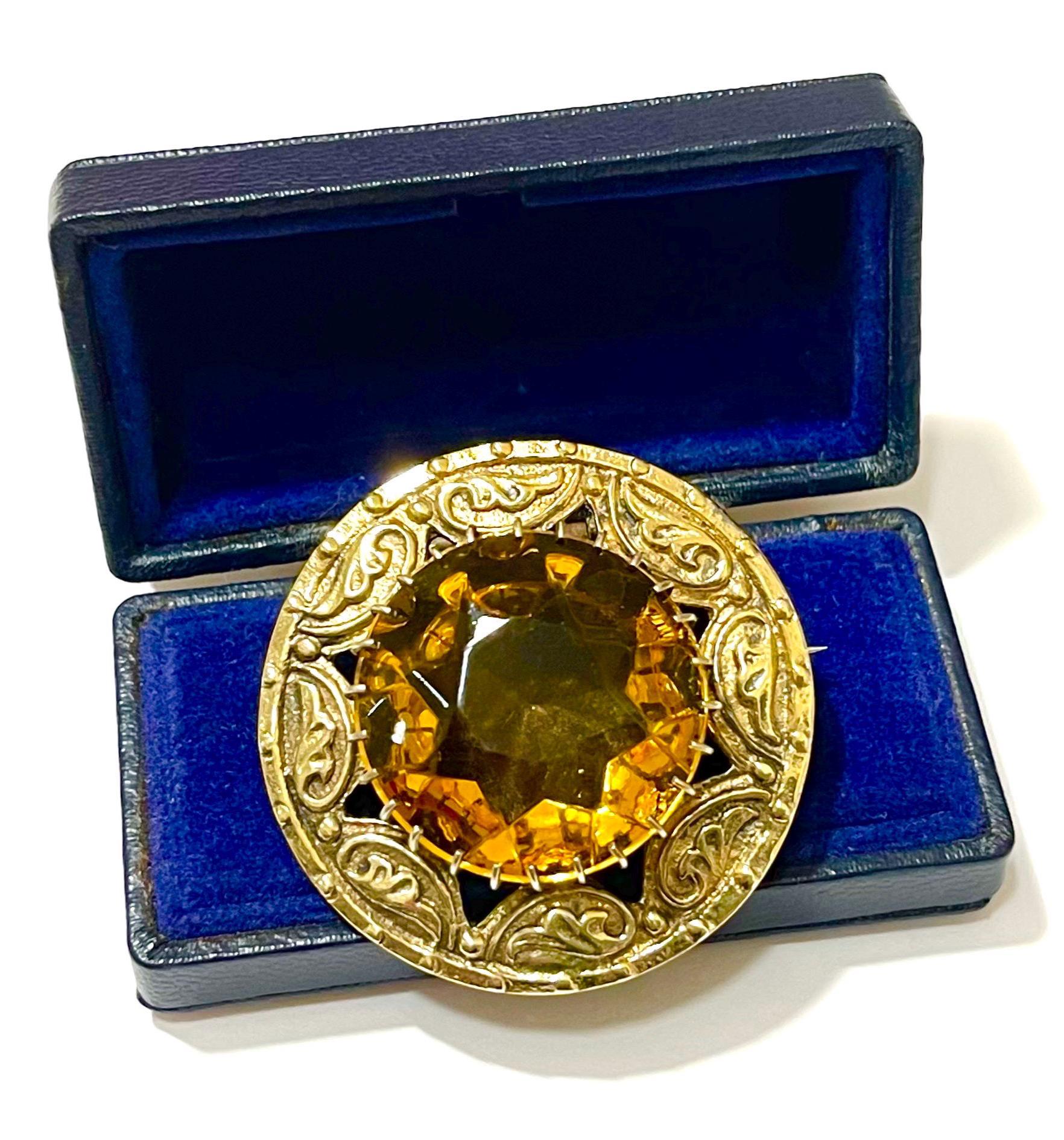 Robert Allison Kilt Pin Brooch Sterling Silver Gold Vermeil Hand Carved Leaves, Large Synthetic Citrine Round Stone UK Glasgow 1956 Hallmark